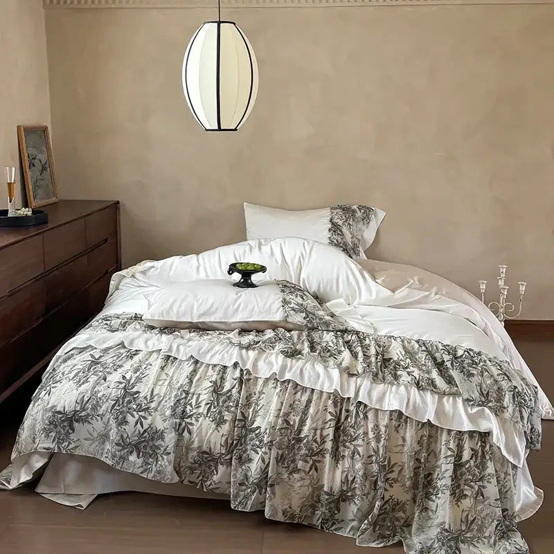 Decorbites luxe lace ruffles bedding set with layered ruffled bedspread featuring gray botanical print on off-white satin base