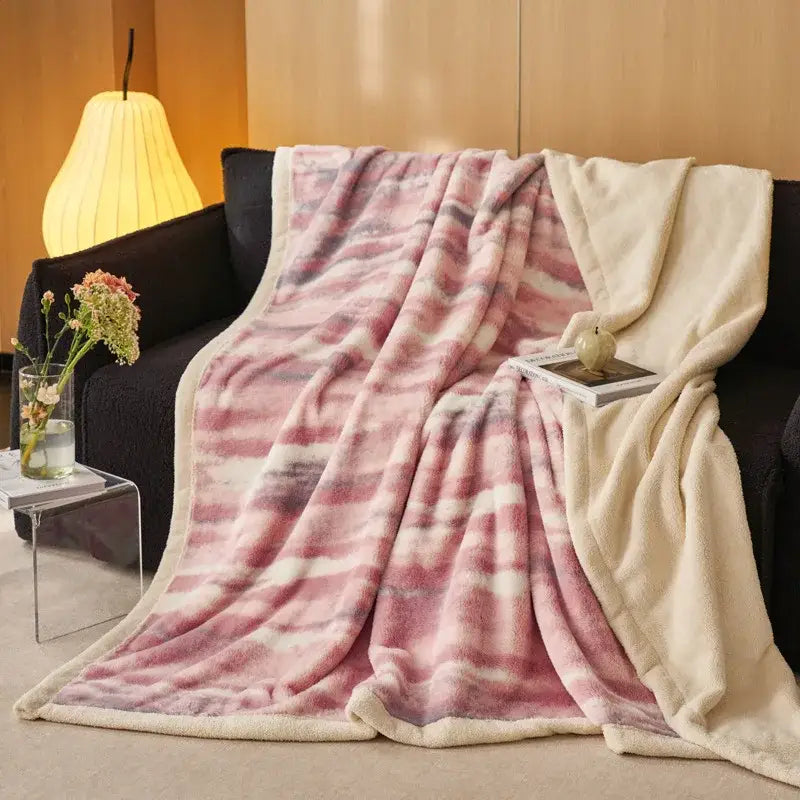 DecorBites Luxe Leopard pink and cream tie-dye rabbit fur throw blanket with soft fuzzy texture for office and sofa use