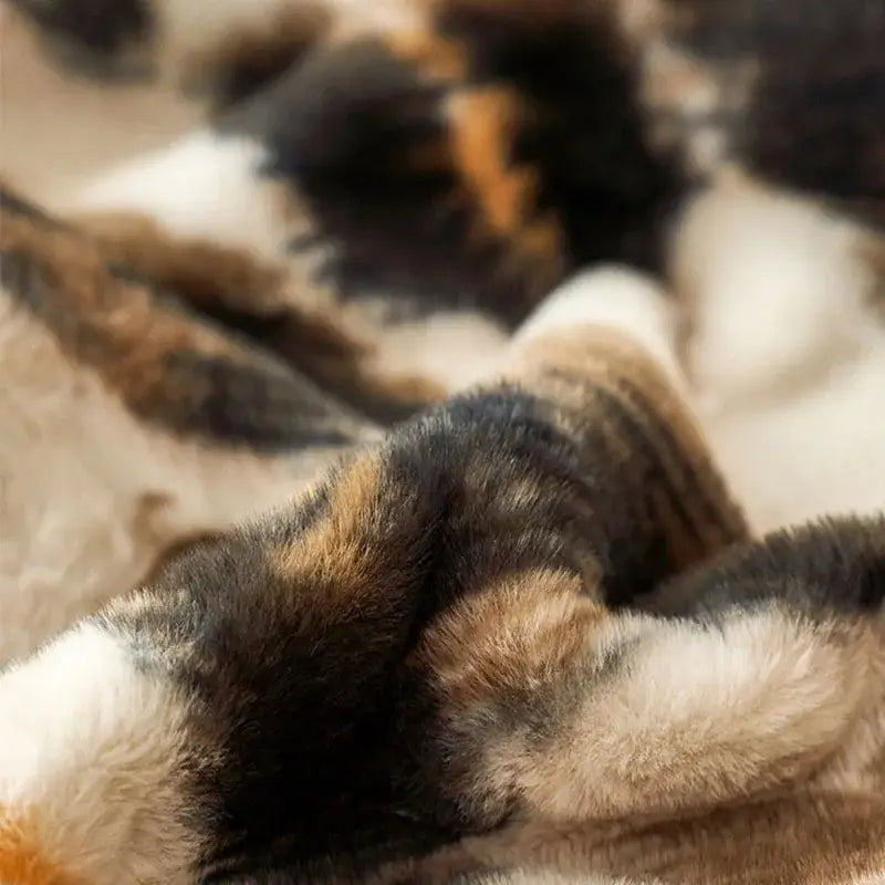 Soft fluffy tricolor cat fur pattern on decorbites luxe leopard rabbit fur blanket for cozy office and sofa use