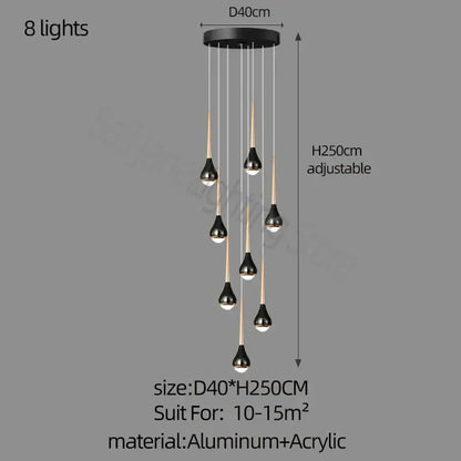 Black decorbites luxe loft chandelier with eight teardrop lights suspended from circular aluminum base for modern spaces