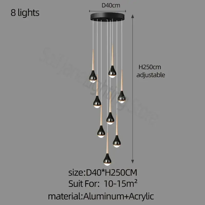 Black decorbites luxe loft chandelier with eight teardrop lights suspended from circular aluminum base for modern spaces