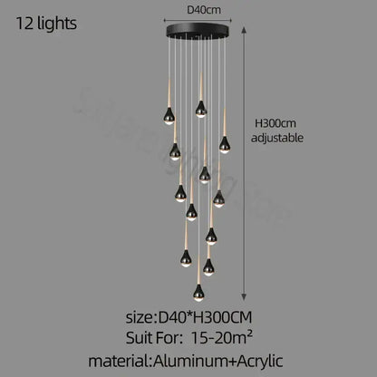 Black and gold decorbites luxe loft chandelier with 12 drooping lights made of aluminum and acrylic for modern living rooms