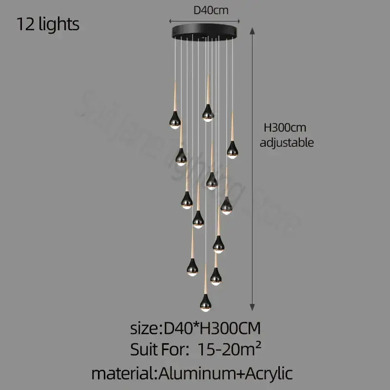 Black and gold decorbites luxe loft chandelier with 12 drooping lights made of aluminum and acrylic for modern living rooms