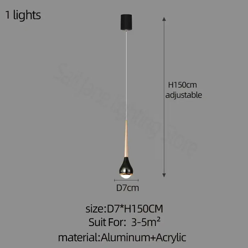 Decorbites luxe loft chandelier with black and gold minimalist teardrop acrylic shade suspended on aluminum rod