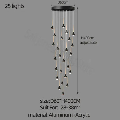 Black DecorBites Luxe Loft chandelier with 25 hanging lights suspended from aluminum base for modern interiors