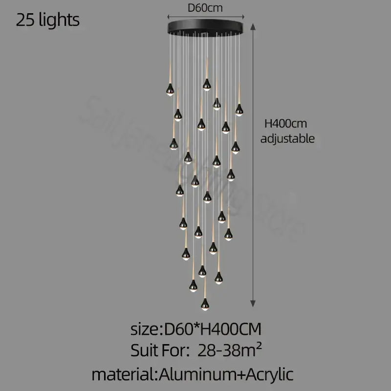 Black DecorBites Luxe Loft chandelier with 25 hanging lights suspended from aluminum base for modern interiors