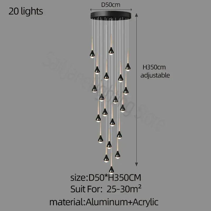 Decorbites luxe loft chandelier black aluminum and acrylic with 20 hanging lights for living room or hotel use