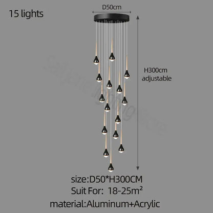 Black decorbites luxe loft chandelier with 15 teardrop lights suspended from adjustable aluminum base for modern spaces