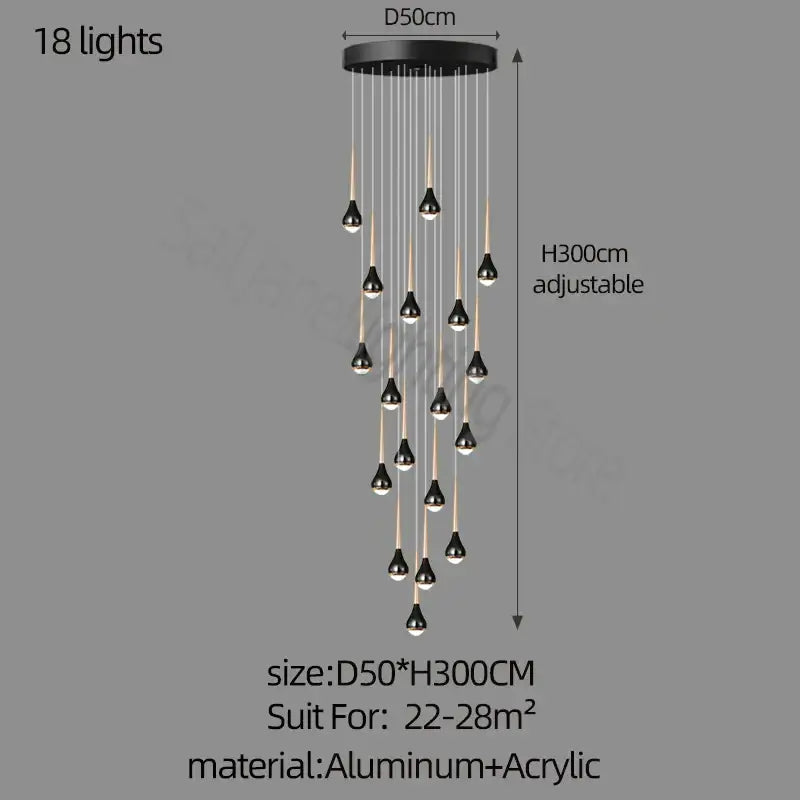 Black and gold decorbites luxe loft chandelier with 18 aluminum and acrylic drooping lights for modern living rooms