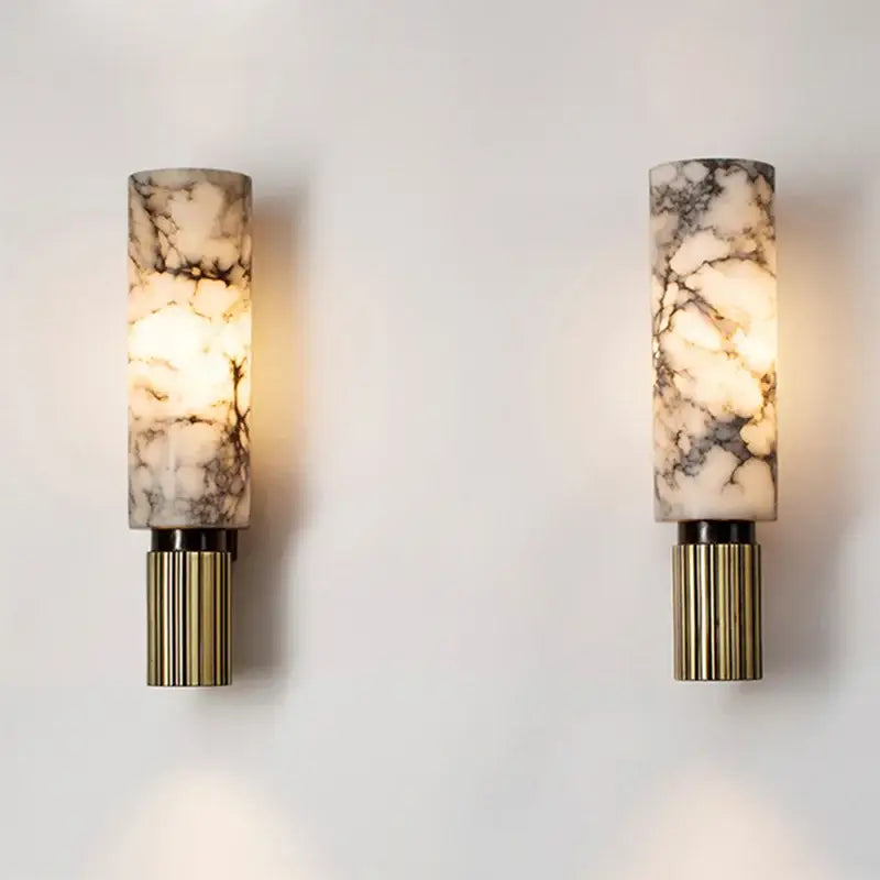 Elegant decorbites luxe marble wall lamp with cylindrical white and gray marble glass shades and brass fluted bases