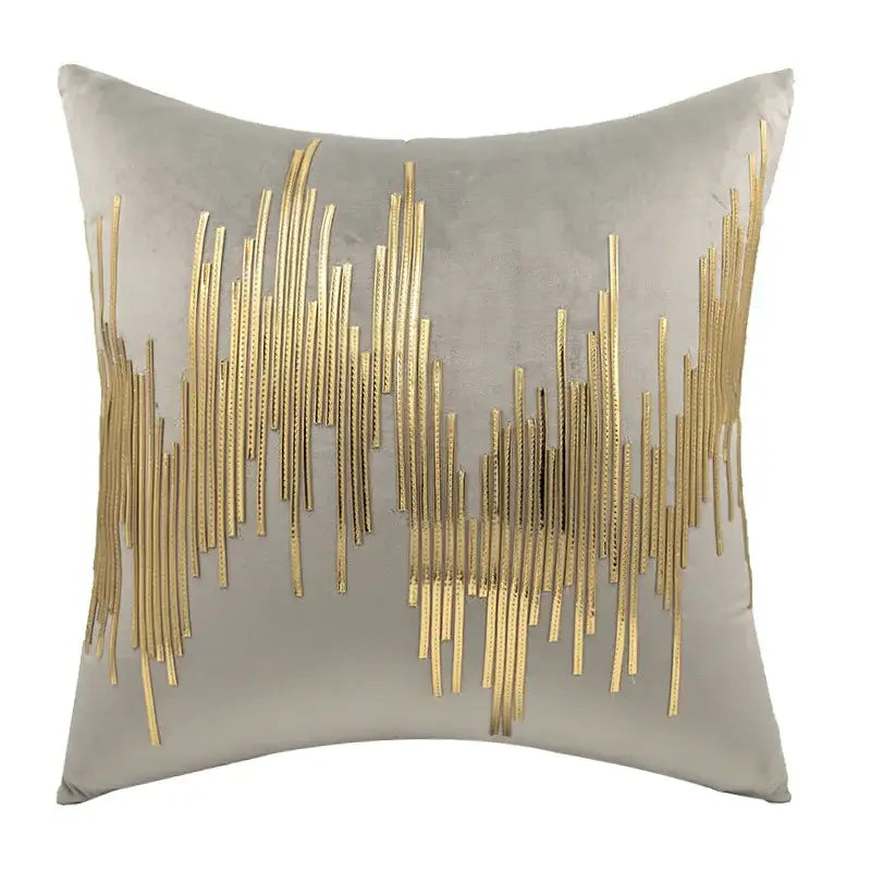 Gray velvet throw pillow with luxe metallic stripes cushion cover by decorbites featuring gold abstract design