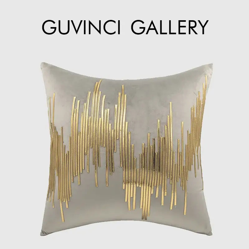 A square gray velvet cushion cover with luxe metallic stripes in gold by decorbites featuring an abstract wave design