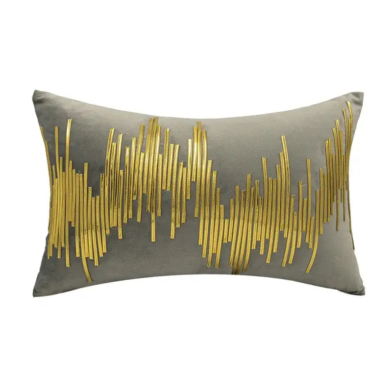 Gray velvet rectangular cushion cover with luxe metallic stripes in gold by decorbites for midcentury modern decor