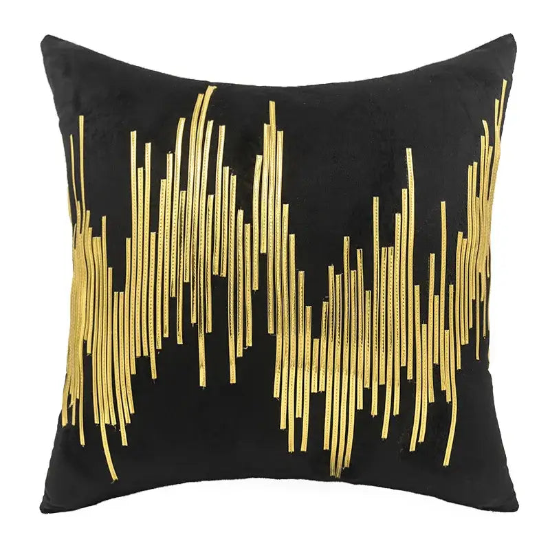 Black velvet cushion cover with vertical gold metallic fringe strips decorbites luxe metallic stripes velvet cushion cover