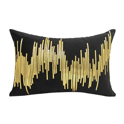 Black velvet rectangular cushion cover with luxe metallic stripes pattern from decorbites luxe metallic collection