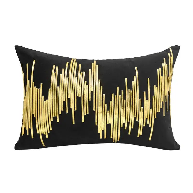 Black velvet rectangular cushion cover with luxe metallic stripes pattern from decorbites luxe metallic collection