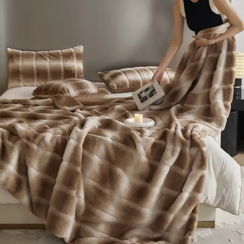 Decorbites luxe milk velvet thick faux fur throw blanket in soft brown and cream plaid for home and office use