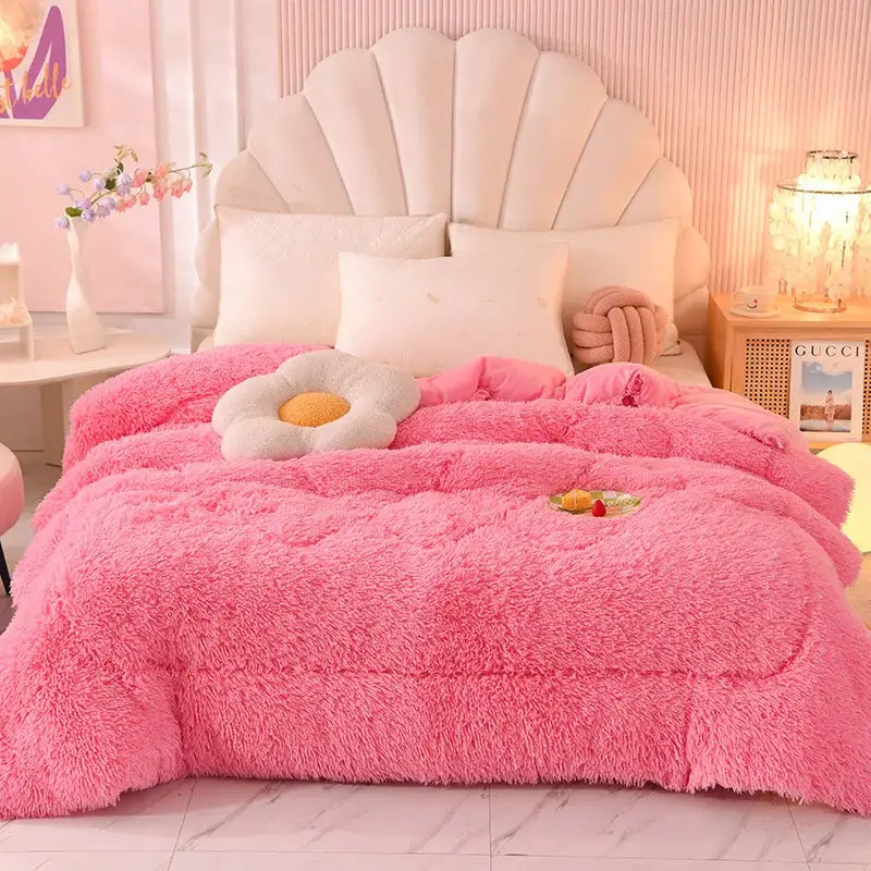 Pink fluffy blanket with plush texture and oversized drape in decorbites luxe mink fleece patchwork quilt