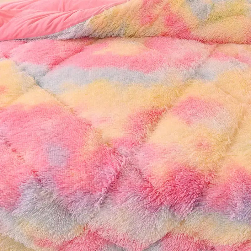 A plush decorbites luxe mink fleece patchwork quilt featuring soft pastel rainbow gradient hues for cozy warmth