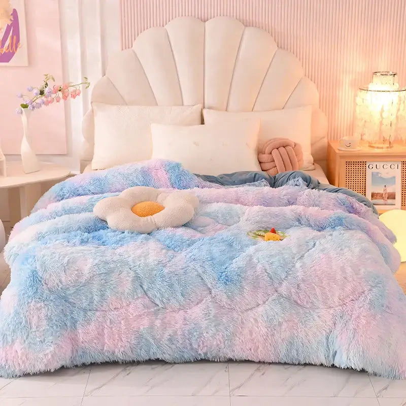 Pastel blue and pink gradient fluffy blanket made of decorbites luxe mink fleece with soft plush texture for warmth