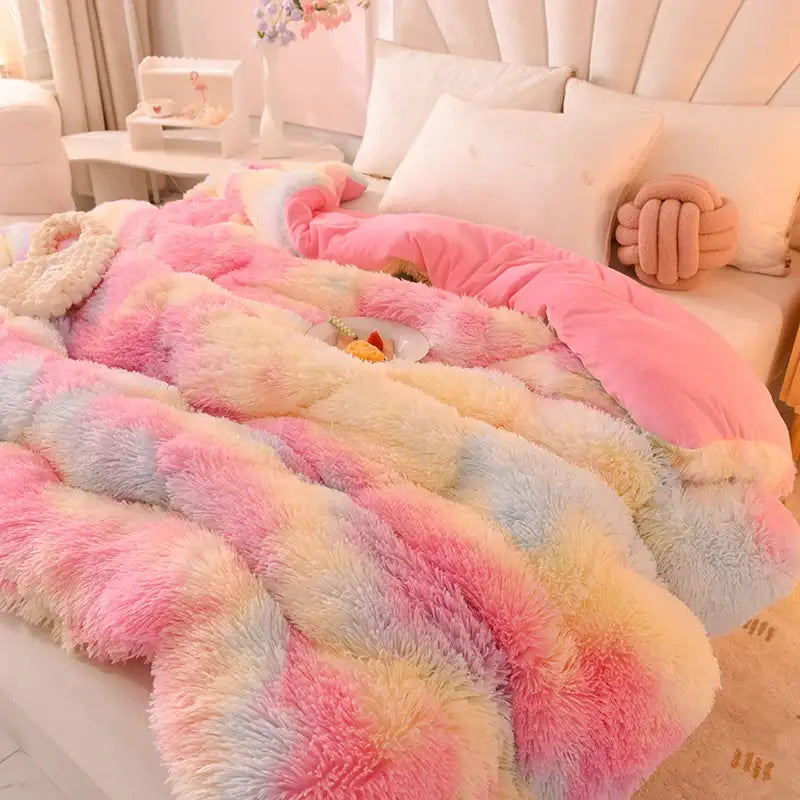 A plush decorbites luxe mink fleece patchwork quilt with soft pastel pink blue and yellow stripes for cozy warmth