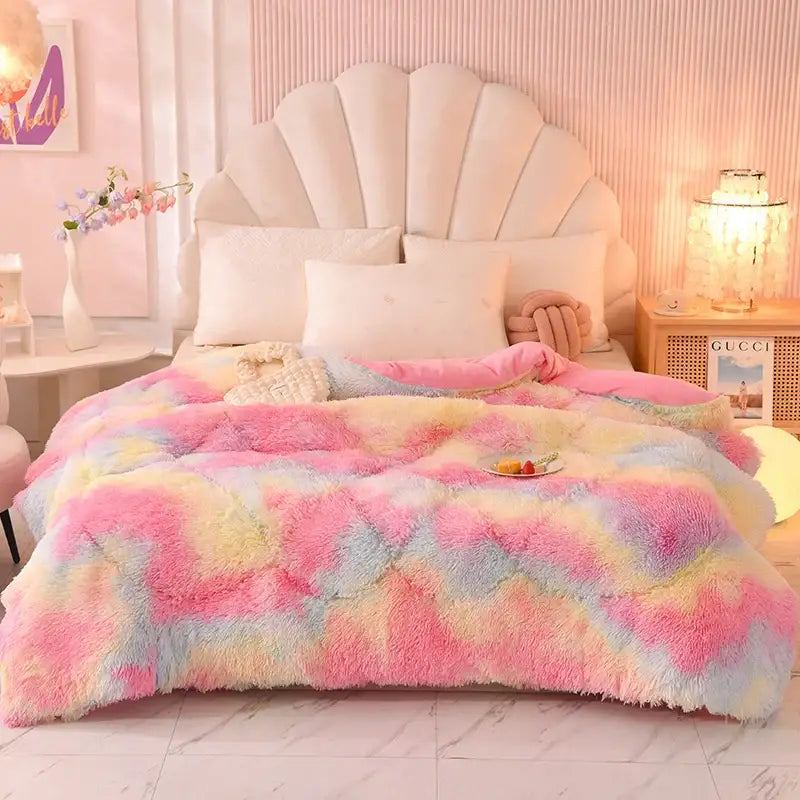 Rainbow-colored decorbites luxe mink fleece quilt with soft plush texture in pastel pink yellow blue and purple hues