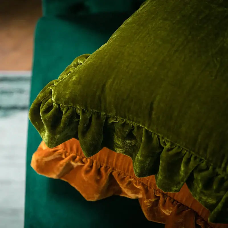 Emerald green velvet euro pillow sham with ruffled edge and orange velvet trim by DecorBites™ in French style elegance