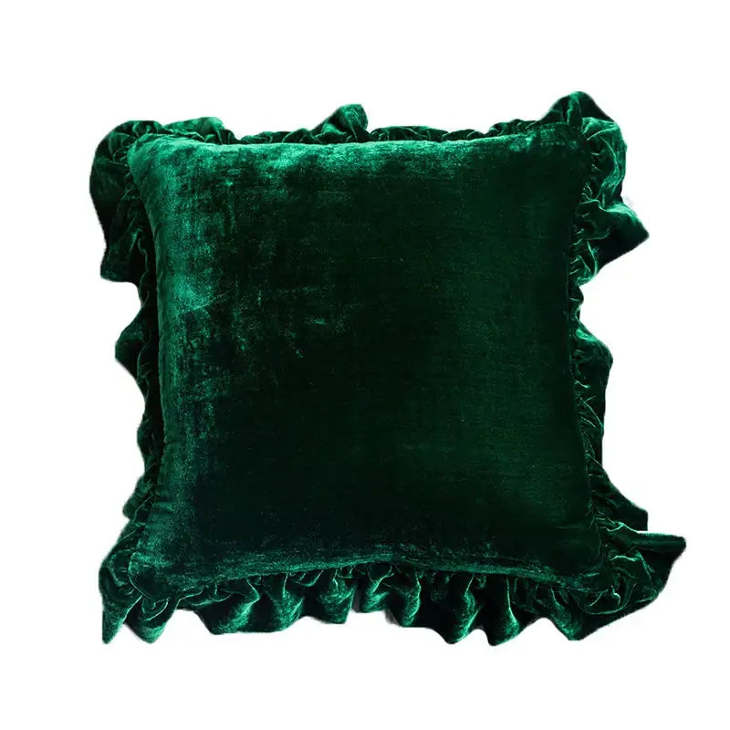 Deep emerald green velvet euro pillow sham with plush texture and decorative ruffled edges by decorbites
