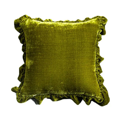 Decorbites™ luxe orange velvet ruffled euro pillow sham in olive green velvet with pleated trim for elegant decor