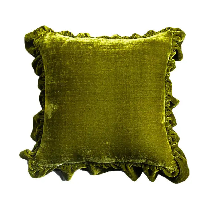 Decorbites™ luxe orange velvet ruffled euro pillow sham in olive green velvet with pleated trim for elegant decor