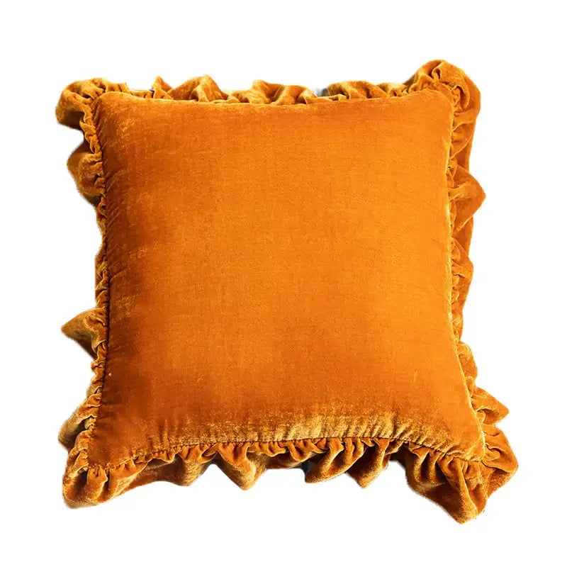 DecorBites™ luxe orange velvet euro pillow sham with ruffled edges in a rich mustard-yellow fabric for elegant decor