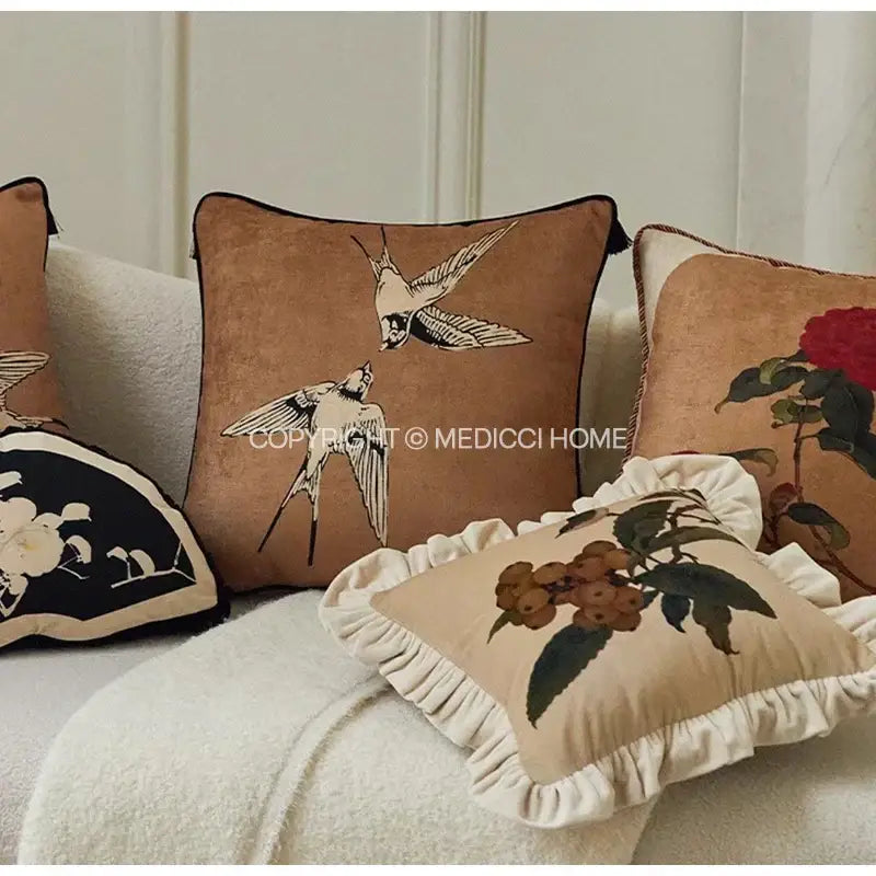 Brown velvet decorative pillow case with embroidered cream and black swallow birds for sofa bed use