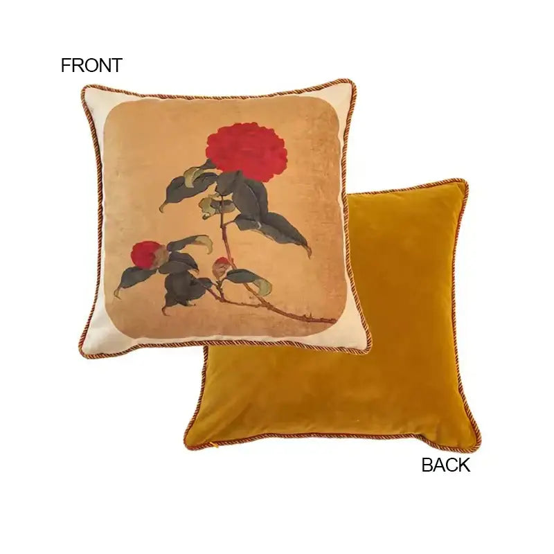 Decorbites luxe oriental floral decorative pillow case with red camellia on ochre velvet and braided trim for sofa bed
