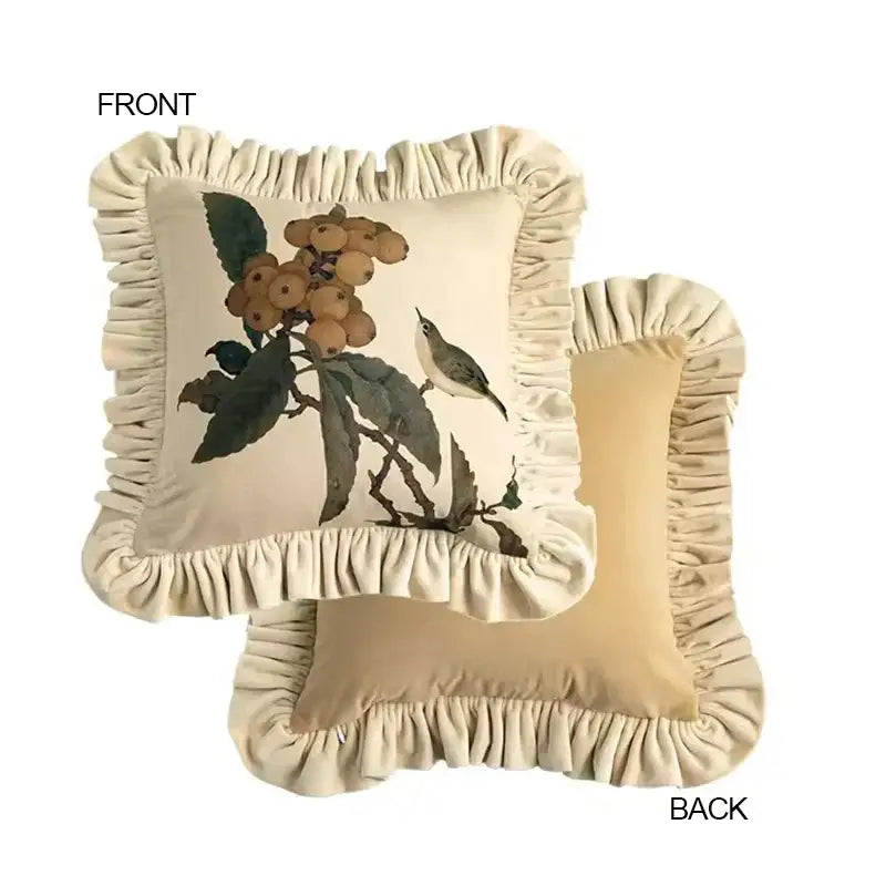 Cream-colored DecorBites™ Luxe oriental floral decorative pillow case with ruffled edge and embroidered bird design