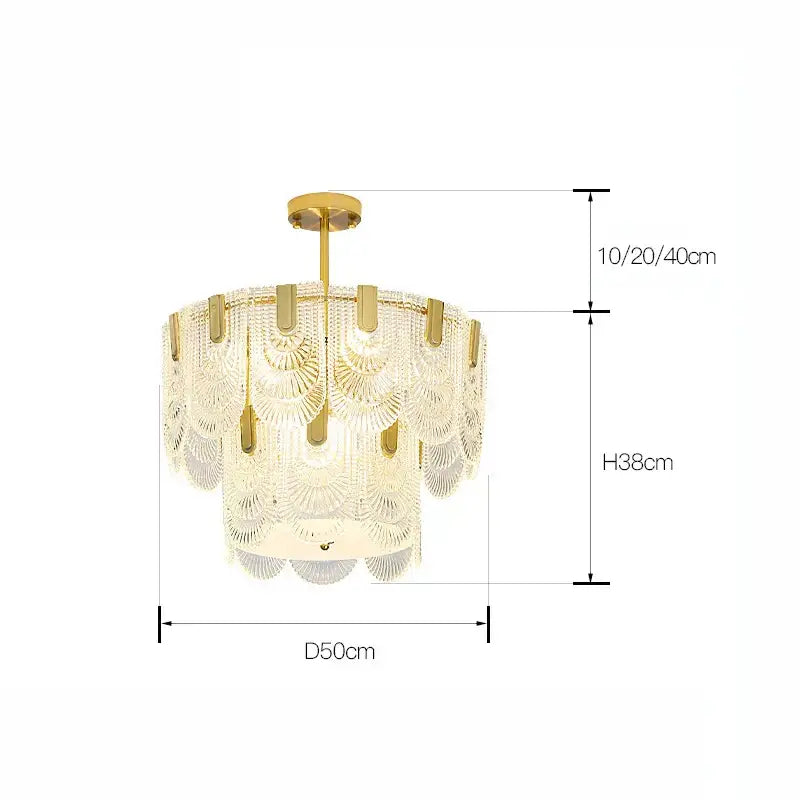 Gold-toned DecorBites Luxe Palace ceiling chandelier with layered translucent crystal fan-shaped shades and brass fixture