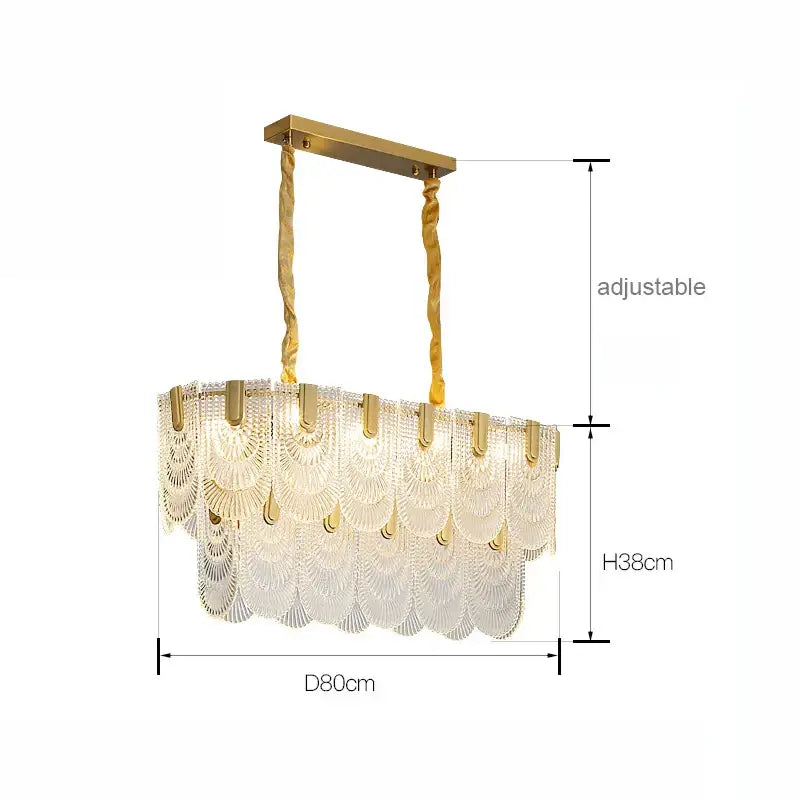 Gold-toned decorbites luxe palace ceiling chandelier with cascading glass fan-shaped shades and twisted fabric cords