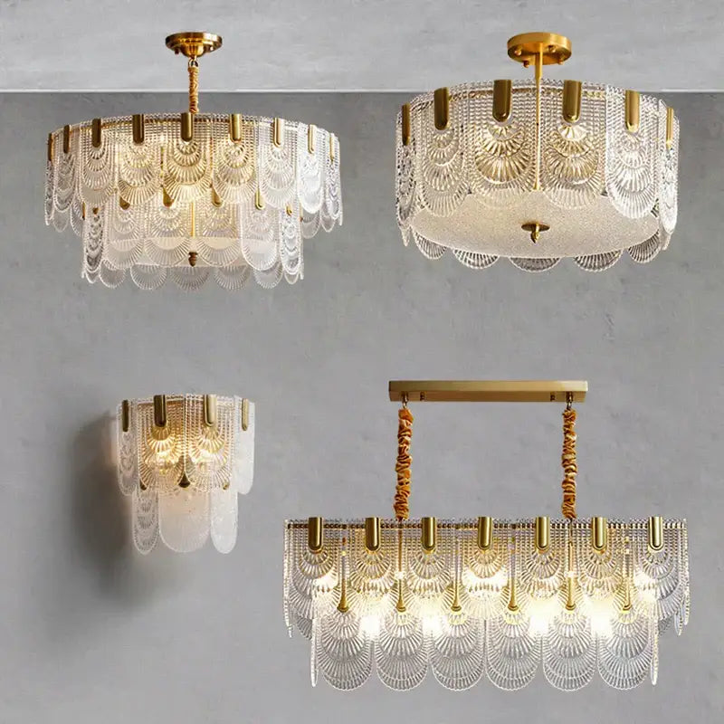 Gold-finished decorbites luxe palace ceiling chandelier with cascading translucent crystal scalloped panels for elegant LED lighting