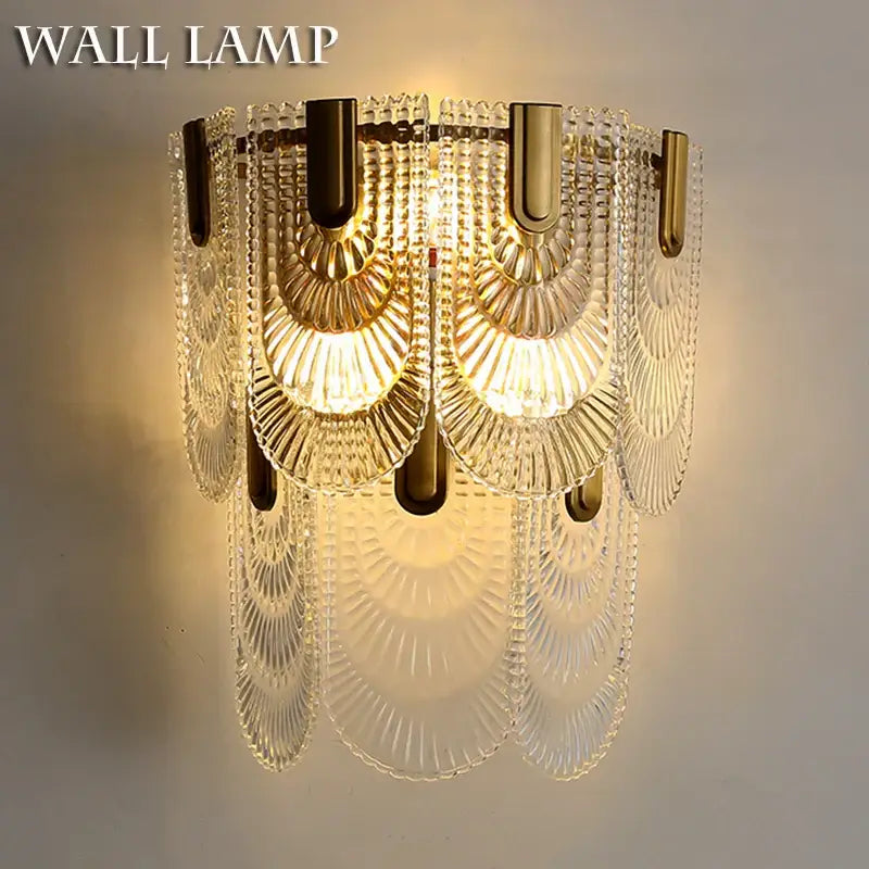 Golden-framed decorbites luxe palace ceiling chandelier with faceted clear glass panels and warm LED lighting