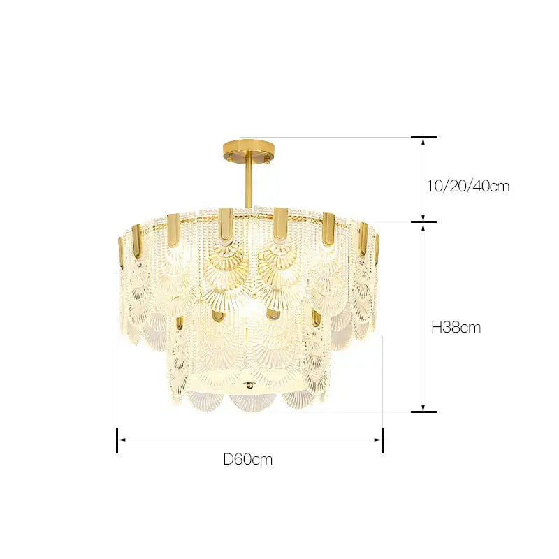 Gold-toned decorbites luxe palace ceiling chandelier with cascading translucent fan-shaped glass panels for elegant lighting