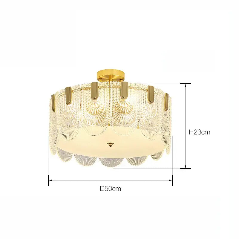 Gold-toned decorbites luxe palace ceiling chandelier with intricate translucent glass panels in scalloped fan design