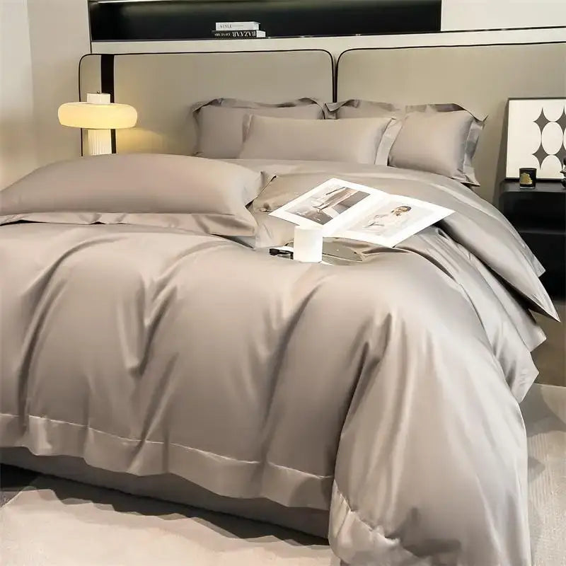 The decorbites luxurious 1000tc egyptian cotton duvet cover set features a gray satin-like piece duvet cover with matching pillowcases