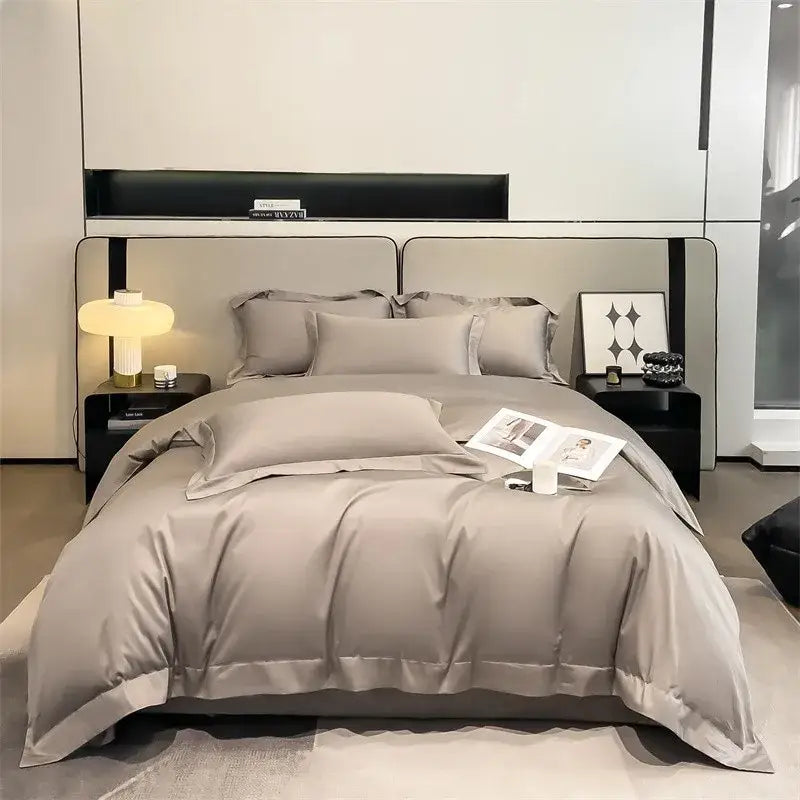 The DecorBites™ luxurious 1000TC Egyptian cotton duvet cover set in gray includes a fitted sheet and piece duvet cover