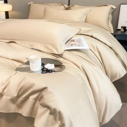 Beige satin duvet cover and fitted sheet set with a smooth luxurious finish in DecorBites Luxurious 1000TC Egyptian cotton