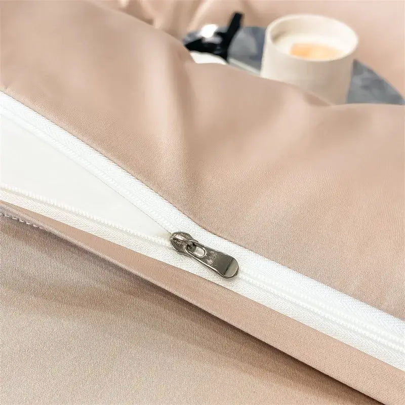 Beige satin pillowcase with white zipper and metallic pull tab from decorbites luxurious 1000tc egyptian cotton bedding set including duvet cover and fitted sheet