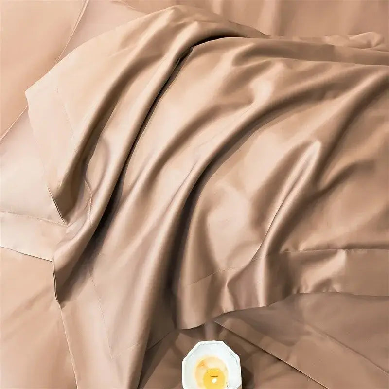 Beige satin luxurious 1000TC Egyptian cotton bedding set featuring a smooth glossy fitted sheet and duvet cover piece