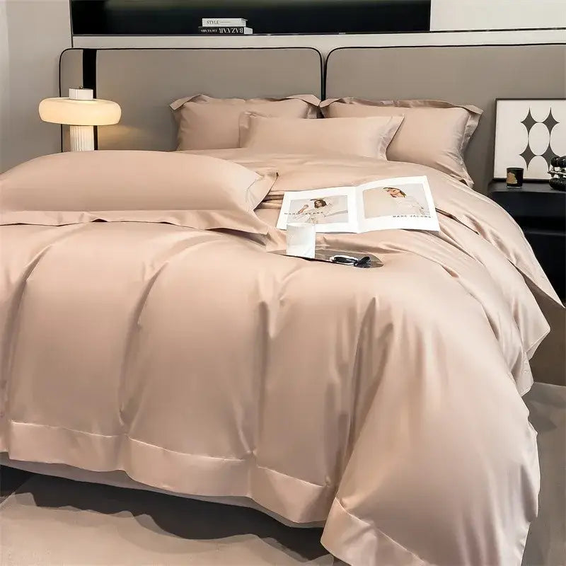 Beige satin DecorBites™ 1000TC Egyptian cotton bedding set with duvet cover fitted sheet and smooth luxurious finish