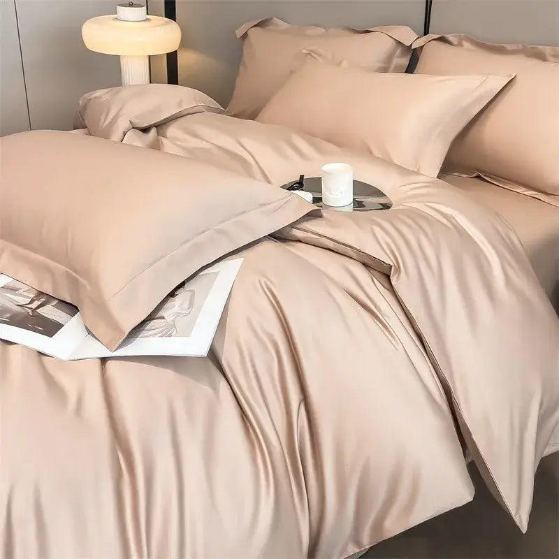 Beige satin decorbites luxurious 1000TC egyptian cotton bedding set with smooth duvet cover fitted sheet and matching pillows