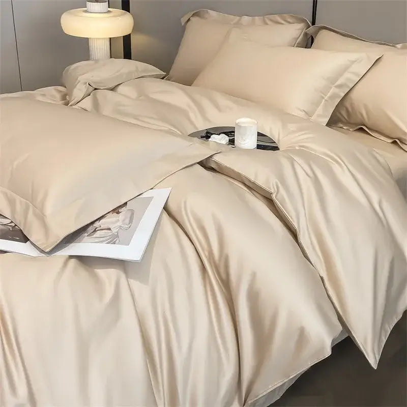 Beige satin decorbites™ luxurious 1000tc egyptian cotton bedding set with smooth duvet cover and fitted sheet finish