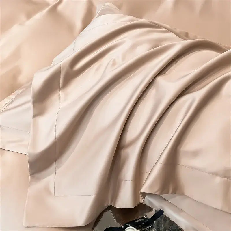 Beige satin pillowcase with smooth glossy finish and subtle sheen from decorbites™ luxurious 1000tc egyptian cotton bedding set including duvet cover and fitted sheet