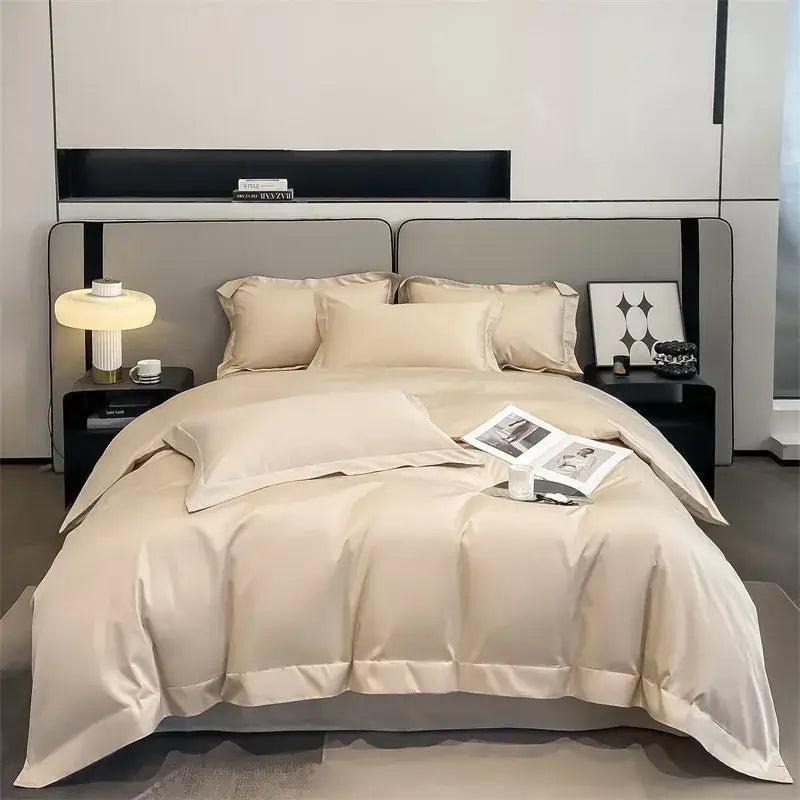 Beige satin duvet cover set with matching pillows and fitted sheet in decorbites™ luxurious 1000tc egyptian cotton bedding set